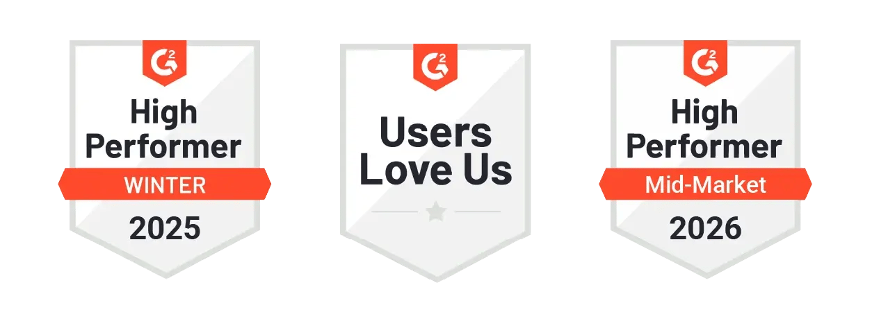 5Mins G2 badges 2026: High Performer Winter 2025, Users Love Us, High Performer Mid-Market 2026