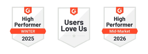 5Mins G2 badges 2026: High Performer Winter 2025, Users Love Us, High Performer Mid-Market 2026