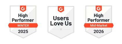 5Mins G2 badges 2026: High Performer Winter 2025, Users Love Us, High Performer Mid-Market 2026