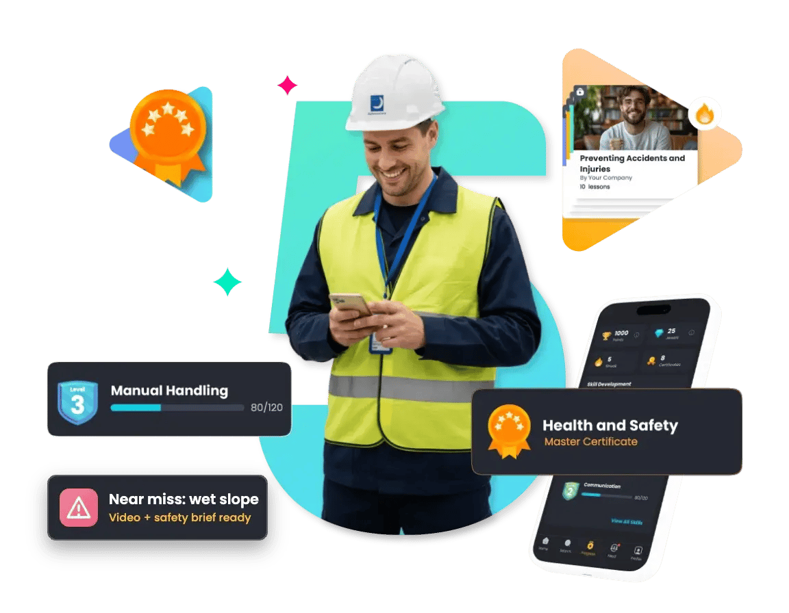 A site worker in a hard hat completing 5Mins online health and safety training on his phone