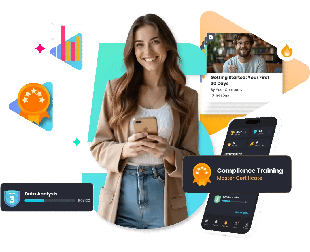5Mins employee training software on mobile, with TikTok-style microlessons and compliance training progress