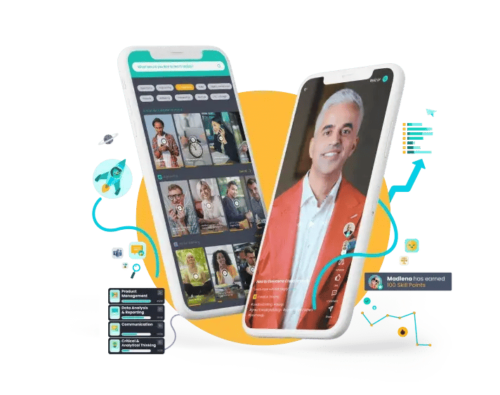 Two phones showing 5Mins leadership training microlessons from expert instructors, with skill progress around them